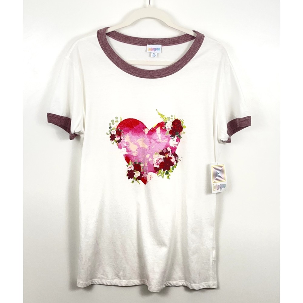 Lularoe Womens T Shirt  White XL Cotton Blend Graphic Floral Heart Short Sleeve
